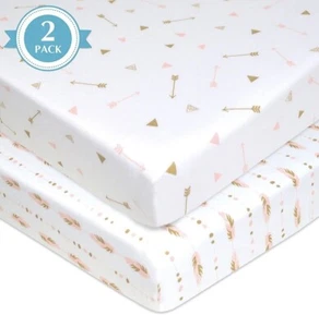 Juego de 2 sábanas suaves 100 % algodón pack n Play Boho mini cuna bebé niña - Imagen 1 de 8
