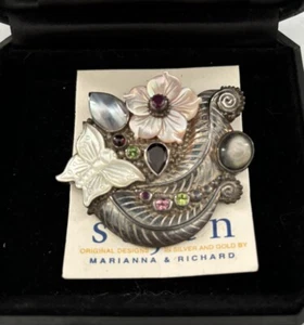 SAJEN 925 Sterling Silber große Brosche Anhänger Multi Edelsteine Schmetterling Blumen - Bild 1 von 9