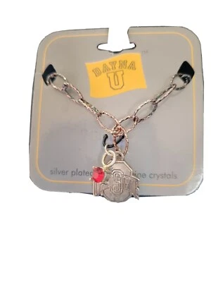 OSU Ohio State Bracelet Buckeyes Athletic Football Silver Plated w Red Crystal  - Image 1 of 4