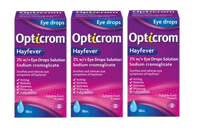 SANOFI 3 PACK Opticrom Hayfever 2% w/v Eye Drops Allergy Itching Redness Watering 10ml