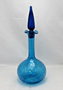 Vintage Blue Crackle Glass Genie Bottle Decanter Teardrop Top Ruffle Rim 13" - Picture 1 of 14