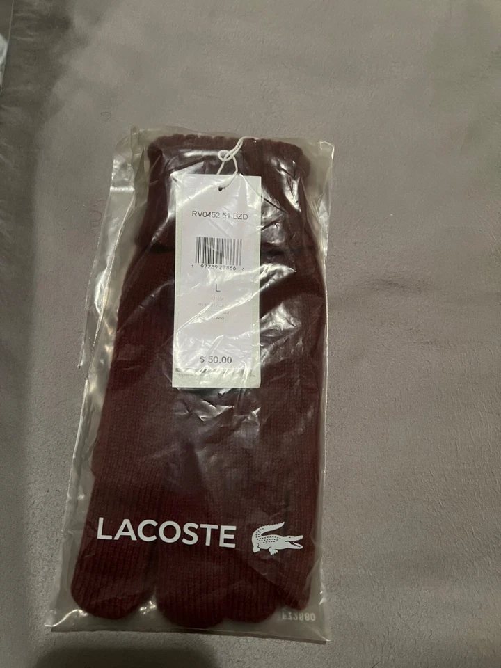 NUEVO CON ETIQUETAS LACOSTE Hombres Guantes Mitón Rojo 100% Lana Croc Logo RV045251 BZD Tejido Talla L Foto 1 de 4