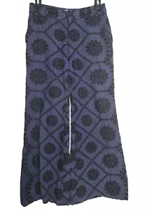 Ett Twa by Anthropologie Womens 0 P Petites Pants Blue Flare Palazzo Embroidered - Picture 1 of 9