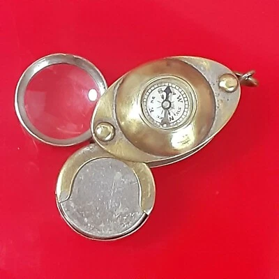Antique WWI Pocket Brass Compass w/ Folding Magnifying Glass & Coin Holder Rare  - Image 1 of 4
