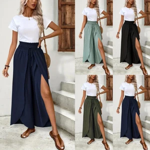 Women's Tie Front High Waist Side Split Slit Wide Leg Pleated Pants Trousers UK - Picture 1 of 28