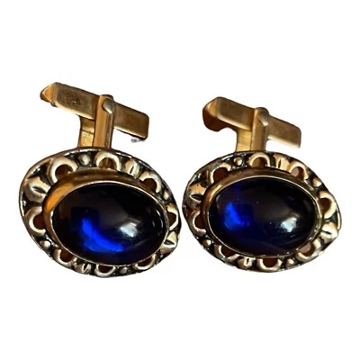 HERMOSO Par De Gemelos SWANK De Colección Para Hombre PIEDRA AZUL Tono Dorado BULLET BACK Foto 1 de 4