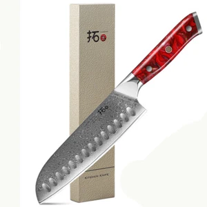 TURWHO 7inch Santoku Knife Japan VG10 Damascus Steel Chef Knife Red Resin Handle - Picture 1 of 10