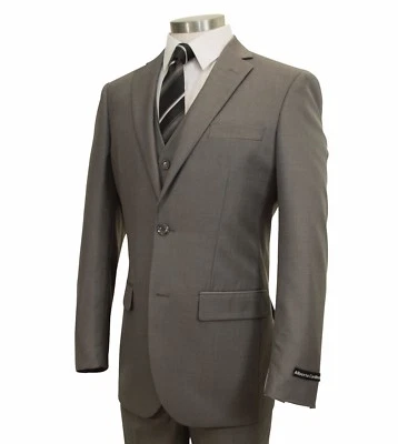 Men's Light Gray Textured 3pc 2 Button Slim-Fit Suit w/ Matching Vest NEW  - Image 1 of 4