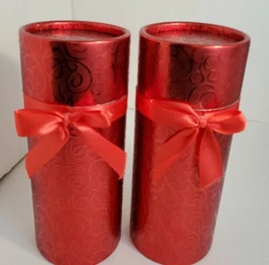 Two (2) Red Foil Embossed Round Holiday Boxes - 8.25” H x 3" W - Picture 1 of 6
