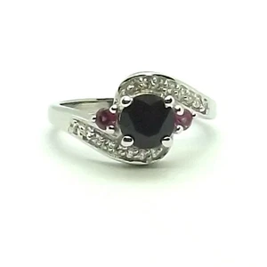 Ónix negro natural + circonita + anillo de rubí anillo de dedo medio sólido d... - Imagen 1 de 4