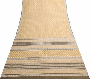 Sushila Vintage Mustard Hand Block Saree Pure Cotton Printed Soft Craft Fabric - Picture 1 of 9
