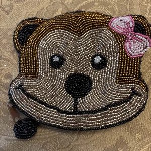 Beaded   Brown Bear Face Design Coin Change Purse 5”x 4.5” - Picture 1 of 4