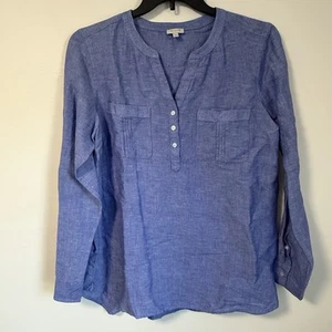 Talbots Shirt Damen Größe L blau lang Rollriegelärmel Leinenmischung Popover Tunika - Bild 1 von 9