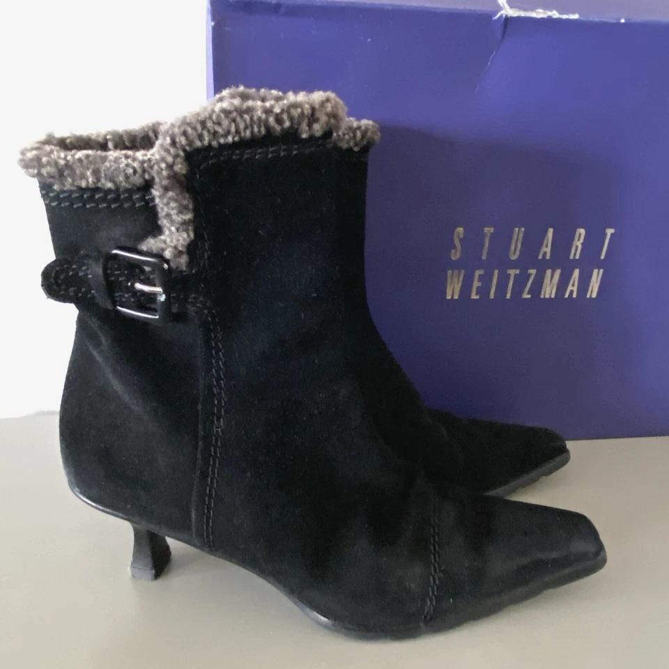 Stuart Weitzman 7 Botines Gamuza Negro Imitación Piel Preppy Gatito Tacón Elegante Foto 1 de 4