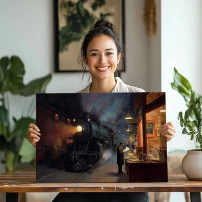 Steam Locomotive Night Cityscape Oil Painting Printed on Canvas,Industrial Decor - Image 1 of 4