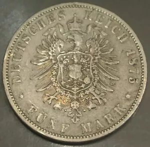 1875-B 5 Mark Wilhelm I Deutsches Reich Prussia Silver Coin - Picture 1 of 2