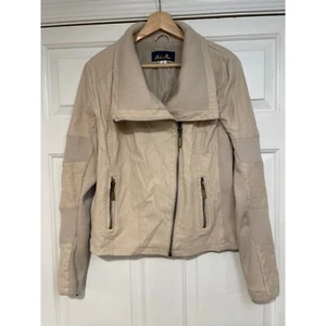Vegan Leather Knit Tan Moto Asymmetrical Lightweight Jacket L Biker Edgy Chic - Picture 1 of 8