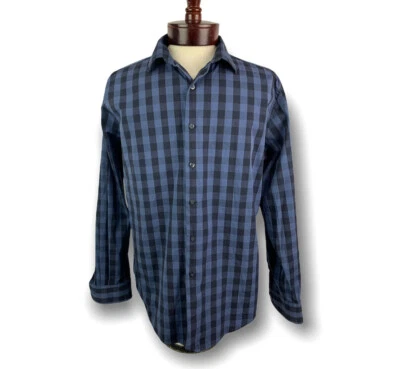 Camisa de vestir grande Alfani ajustada elástica manga larga abotonada azul a cuadros Foto 1 de 4