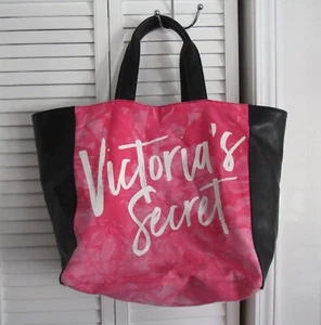 VICTORIA'S SECRET BLACK & PINK LARGE CANVAS & VINYL TOTE VINTAGE - Picture 1 of 7
