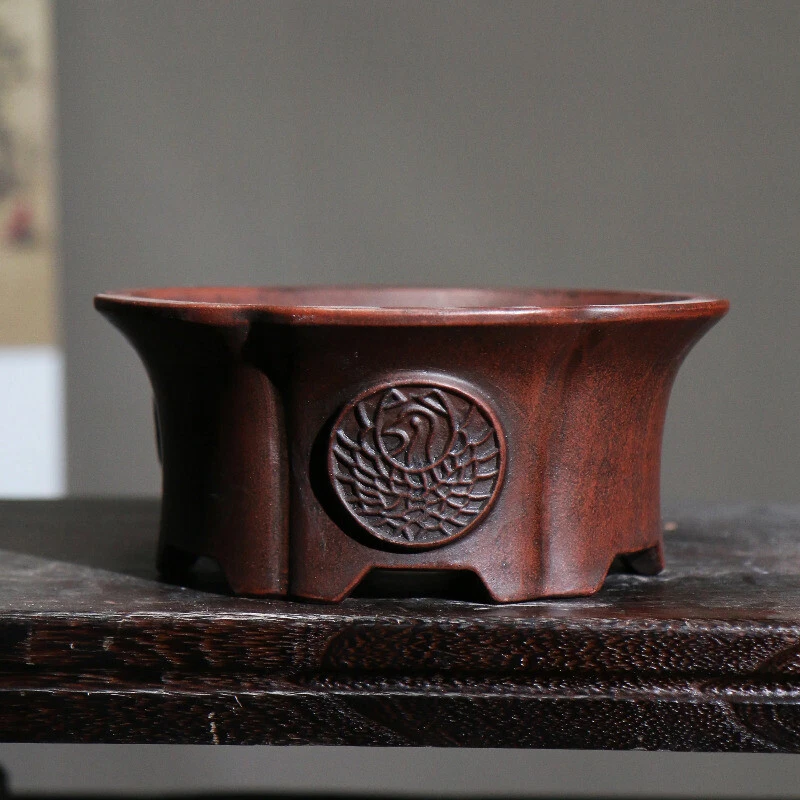 Purple Sand Round Circle Bonsai Pot Vase Tradition Chinese Carved  Decoration - Image 1 of 4