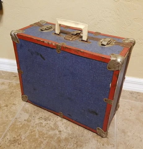 Vintage 16" Antique Travel Small Trunk Blue with Metal Corners Suitcase Cover
