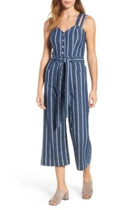 7 For All Mankind Denim Culotte Jumpsuit Striped Criss Cross Back Blue Womens 27 - Picture 1 of 10