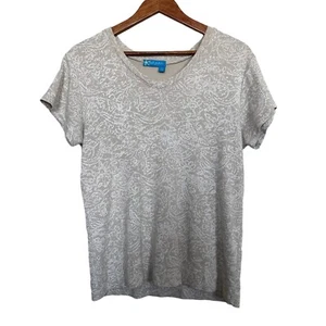 Fresh Produce Women’s Sz L Short Sleeve Tan White Floral Print Vee Neck Top - Picture 1 of 6