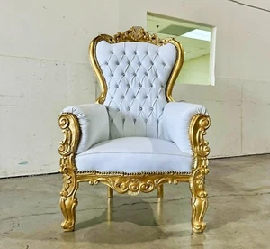 French Style White Throne Chair Midsize Tufted Chair Gold Details - Picture 1 of 7