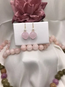 14K Gold Pink Rose Chalcedony Earrings Carved Leaf Cabochon Natural Briolette - Picture 1 of 8