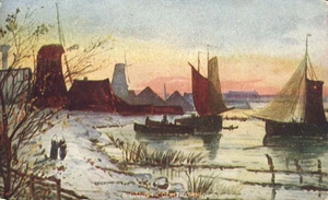 Danish Country Side Boats on Water Windmill on Shore Art Postcard - Picture 1 of 2