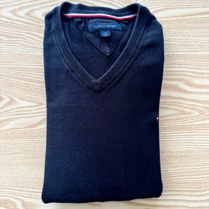 Tommy Hilfiger maglione grande uomo nero 23" pit-to-pit designer scollo a V stile logo - Foto 1 di 10