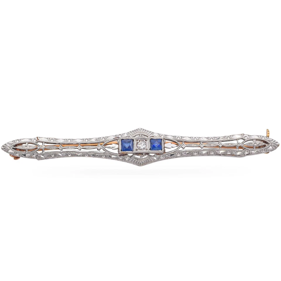 Broche barra Art Deco platino y oro 14k zafiro y diamante Foto 1 de 4