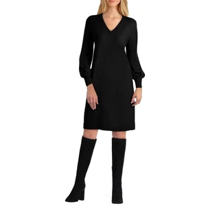 Isaac Mizrahi Womens M Black V Neck Knee Length Sweater Dress NWT CS37 - Picture 1 of 6
