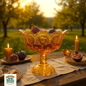 Plato de caramelo pedestal de compota de vidrio ámbar luna y estrellas vintage años 50 Le Smith - Imagen 1 de 9