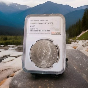 1957 MEXICO SILVER 10 PESOS CONSTITUTION CENTENNIAL NGC MS 63 SCARCE GREAT COIN - Picture 1 of 2