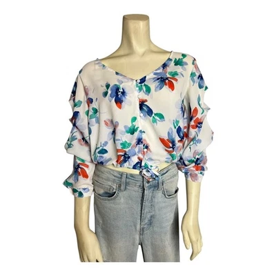 Blusa camisa top floral manga abullonada para mujer acanalada cabaña romántica corta XS Foto 1 de 4