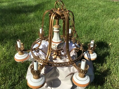 BRONZE PORCELAIN 6 ARMS CHANDELIER Light CAPODIMONTE STYLE Italian Fixture - Image 1 of 4