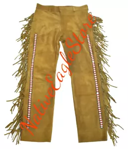 Herren Cognac Buckskin Wildleder Versteck Sioux Perlen Fransen Powwow Regalia Hose NAP706 - Bild 1 von 3