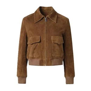 Women's Brown Suede Leather Bomber Vinatge Ribbed Hem Pocket Zipper Short Jacket - Picture 1 of 8