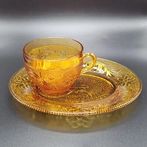 Juego de 2 platos y tazas ovalados de vidrio sándwich ámbar tiara Indiana vintage  - Imagen 1 de 7