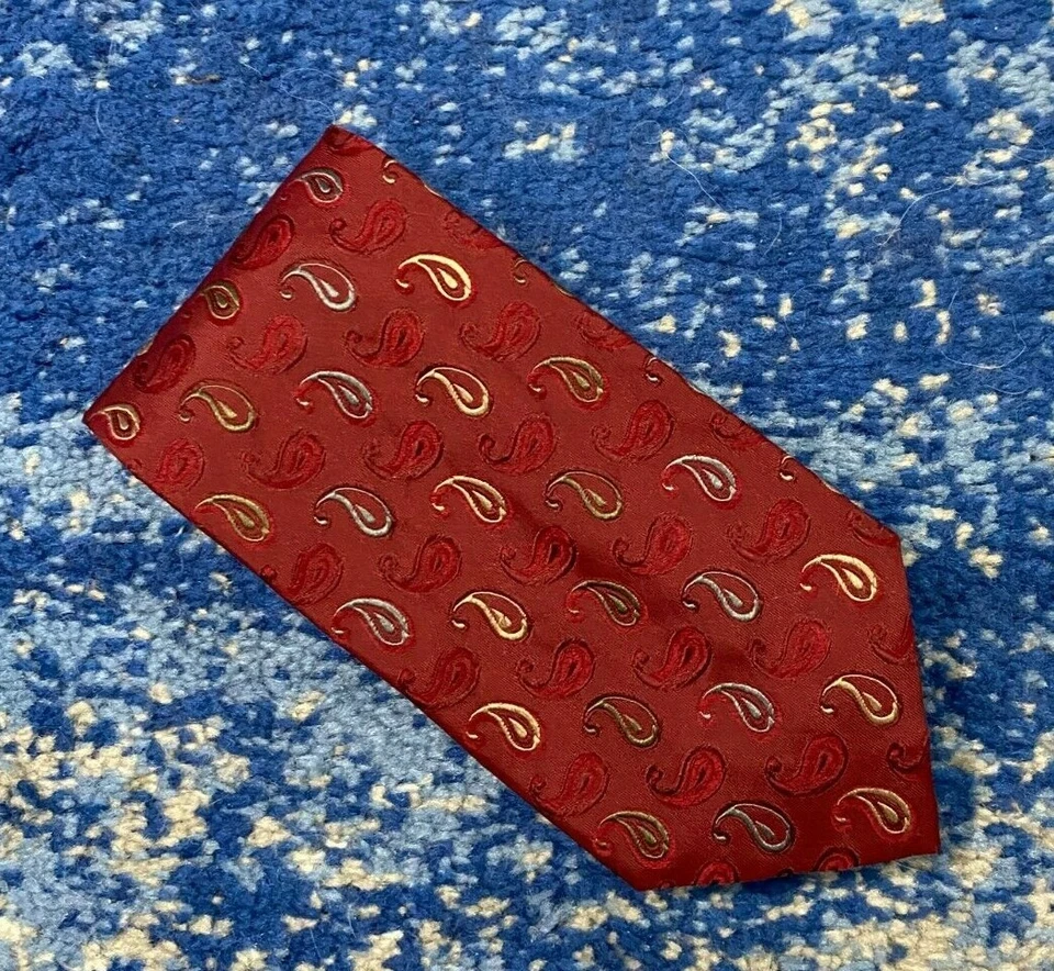 Галстук шелковый Neiman Marcus темно-красный бордовый сине-зеленый мягкий золотой пейсли  - Изображение 1 из 4