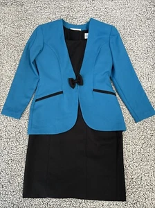 Vintage Bedford Fair Blazer Etuikleid Set Gr. 4P Schwarz Türkis Schleife Druckknopf - Bild 1 von 17