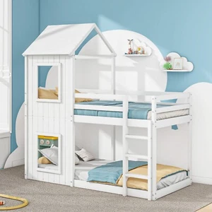 Bunk Bed House Cabin Single Mid Sleeper Kids Unit Wooden Ladder 3FT Single White - Picture 1 of 9