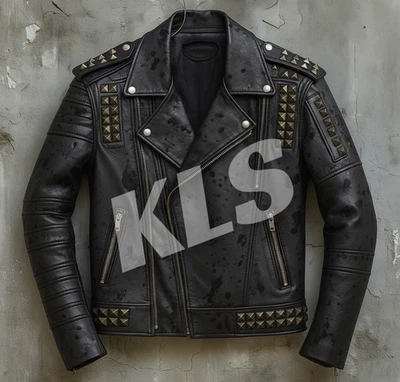 Men's Punk Studded Black Leather Jacket-Gothic Biker Motorcycle Coat with Spike - Image 1 of 4