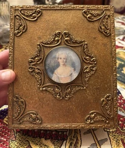 Antique Paris French Gilt Brass Jewelry Box Portrait Miniature Painting 18th C - Picture 1 of 13
