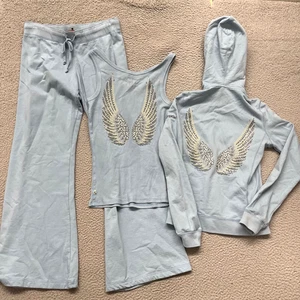 Y2K Twisted Heart Trainingsanzug Damen M blau Strass Flügel Hose Tank Top Hoodie - Bild 1 von 23