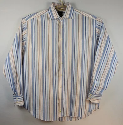 Tailorbyrd Dress Shirt Mens XL Blue Orange Stripe Flip Cuff Cutaway 2-Ply Yarn - Image 1 of 4