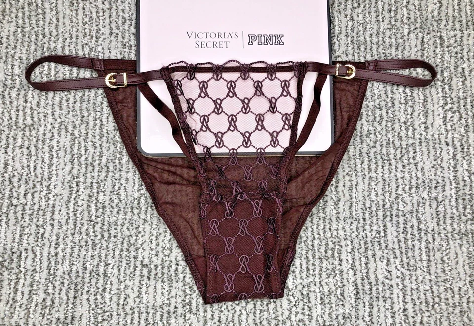 Victoria's Secret 全新带标签大号勃艮第弦比基尼内裤人造皮革标志网眼 — 第 1/4 张图片