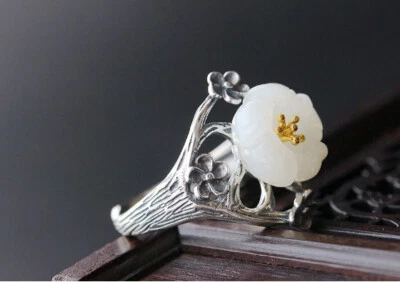 D10 Anello Ramoscello Mantiene Fiore Di Chiare Giada 925 Sterling Regolabile - Immagine 1 di 4