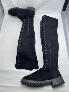 New Tall Boots Black Suede Lace Up Womens Size 6.5 Low Heel Calf High